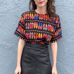 Vintage 90s Blouse In Medium Novelty Shoe Print Art Top